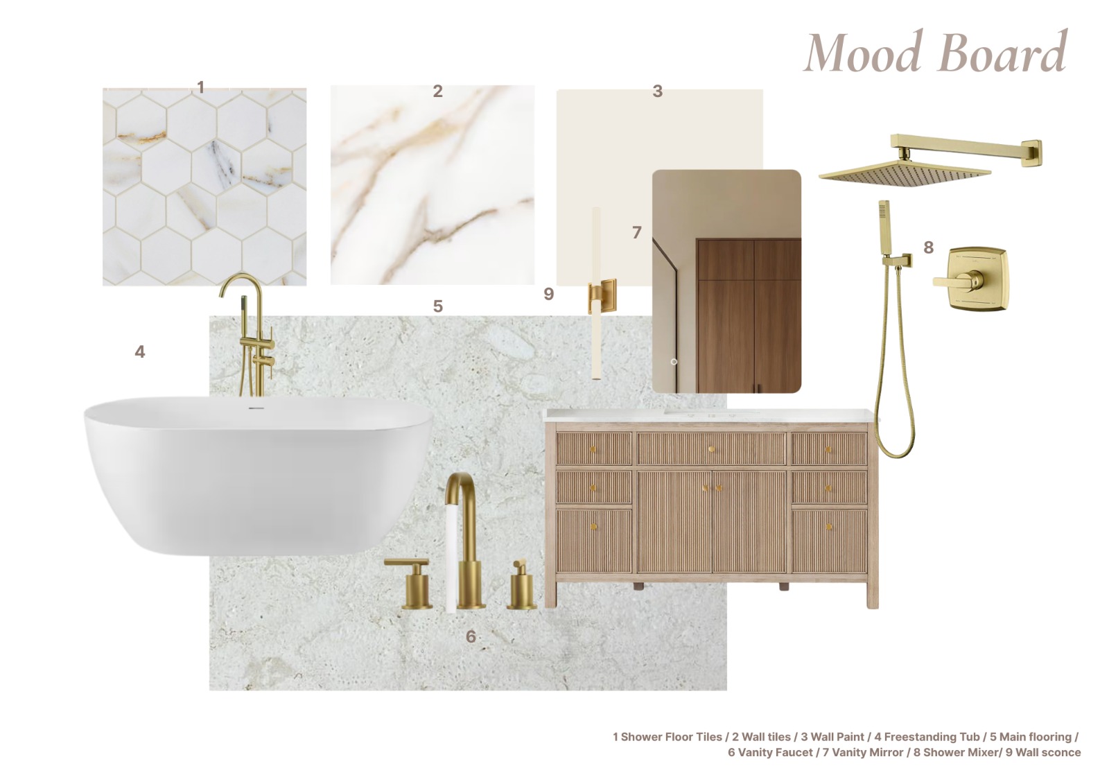 Interior design mood board for a marble master bath: hexagon marble floor tile, Calacatta wall tile, freestanding tub, fluted oak vanity and brushed-brass fixtures