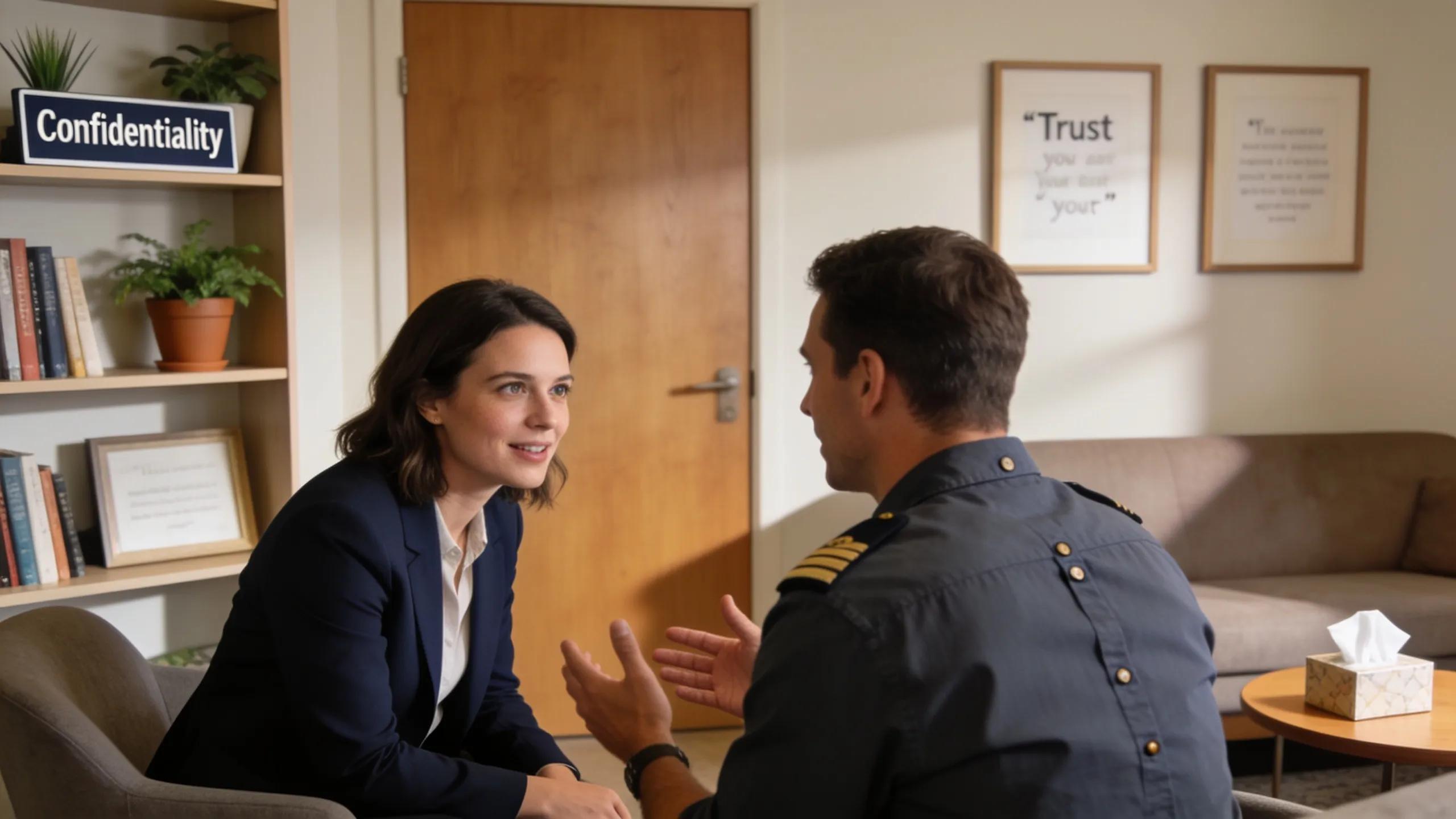 Therapist and pilot in a confidential session, highlighting mental health support for aviation professionals Therapist and pilot in a confidential session, highlighting mental health support for aviation professionals