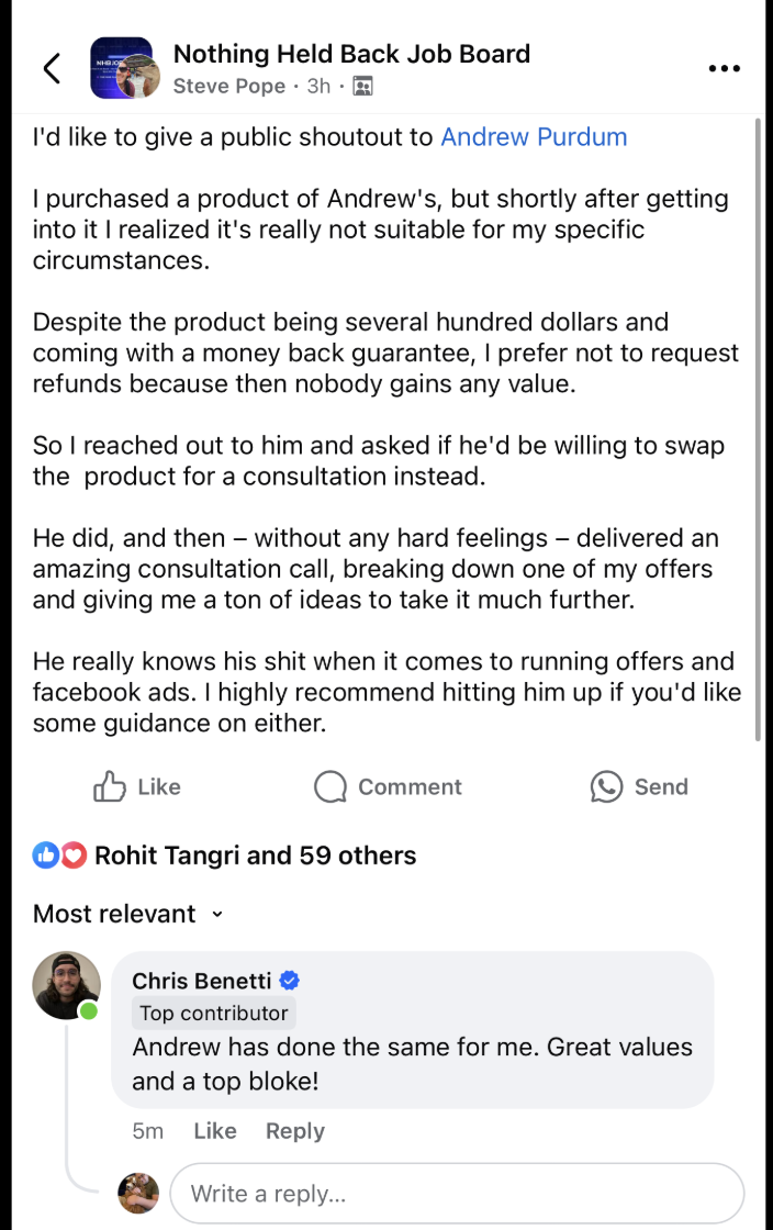 Steve Pope's Facebook Testimonial — Public Shoutout