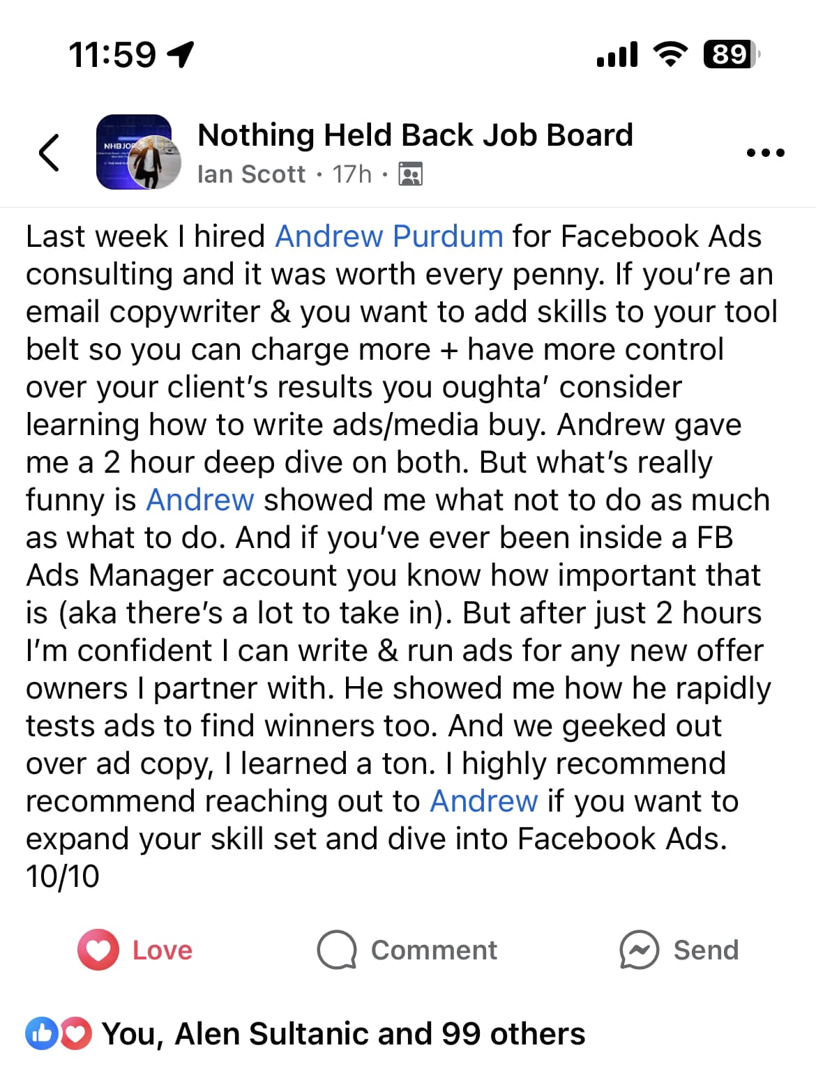 Ian Scott's Testimonial — Hired Andrew for FB Ads Consulting, 10/10 Rating