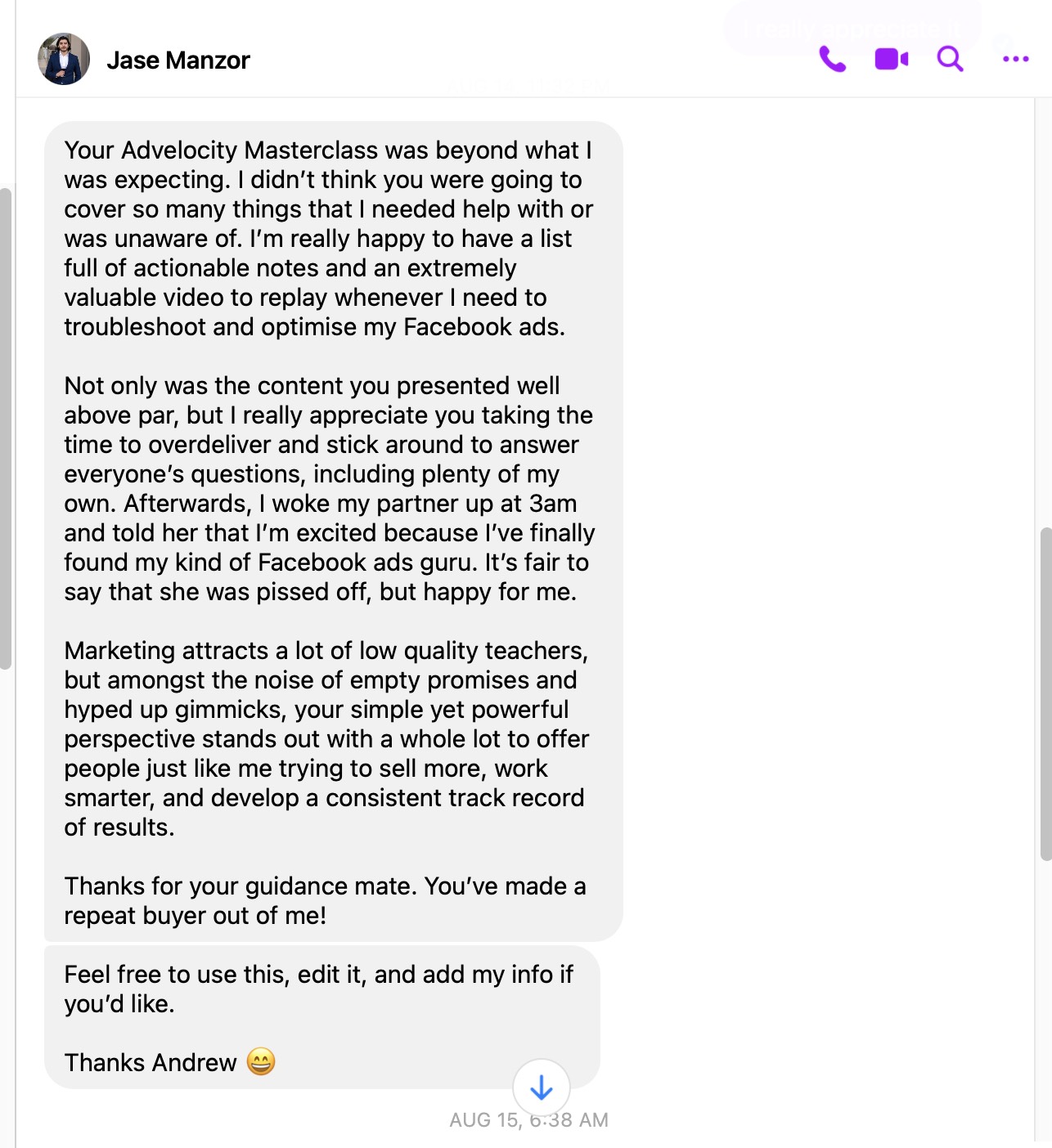 Jase Manzor's Testimonial DM — Advelocity Masterclass Review