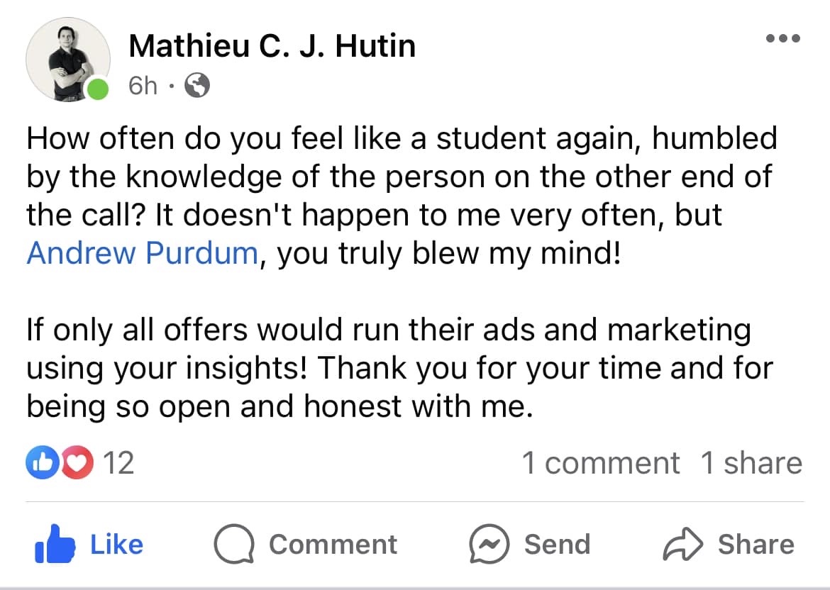 Mathieu C.J. Hutin's Facebook Testimonial — 'You Truly Blew My Mind!'