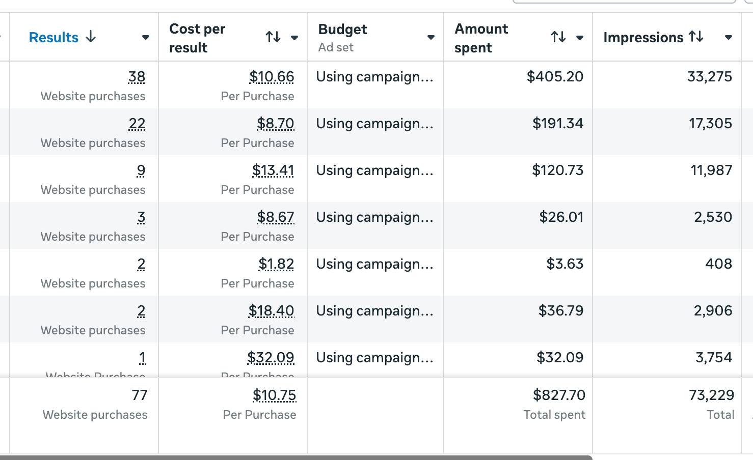 FB Ads Results — 77 Purchases at avg $10.75, $827.70 Total Spent