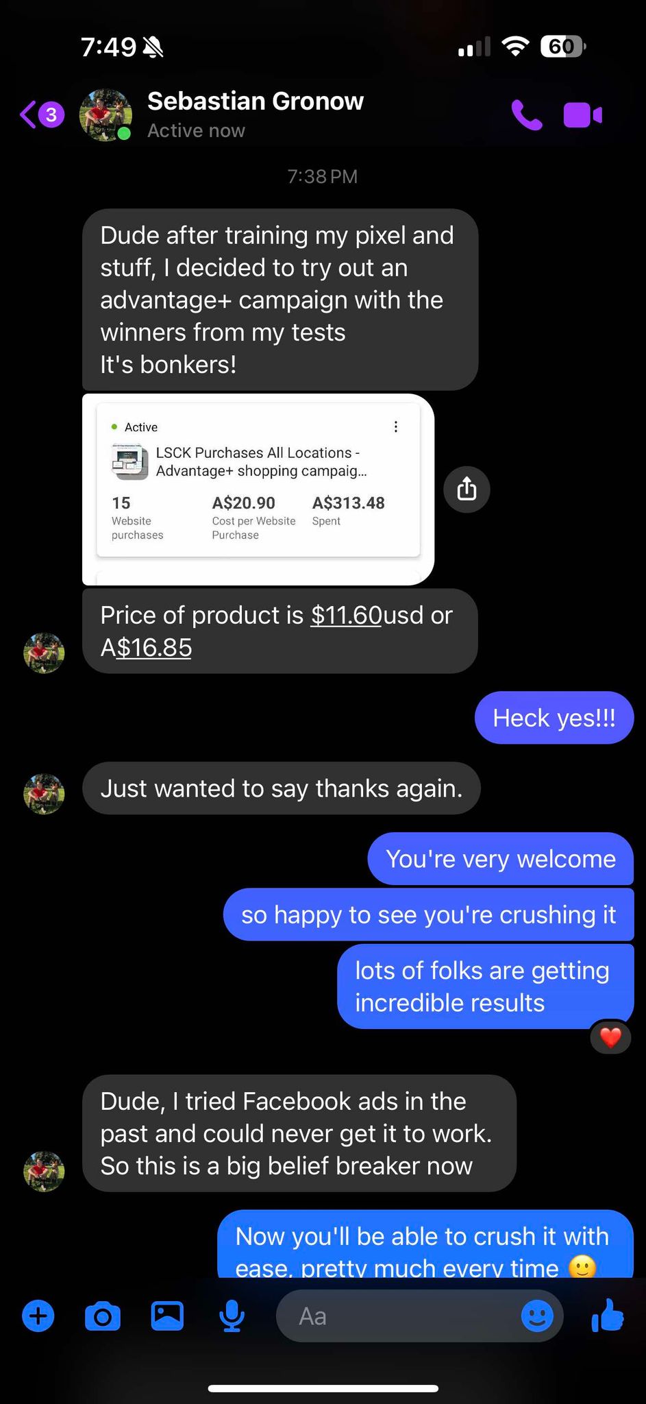 Sebastian Gronow's DM — Advantage+ Campaign Win, 15 Purchases at A$20.90