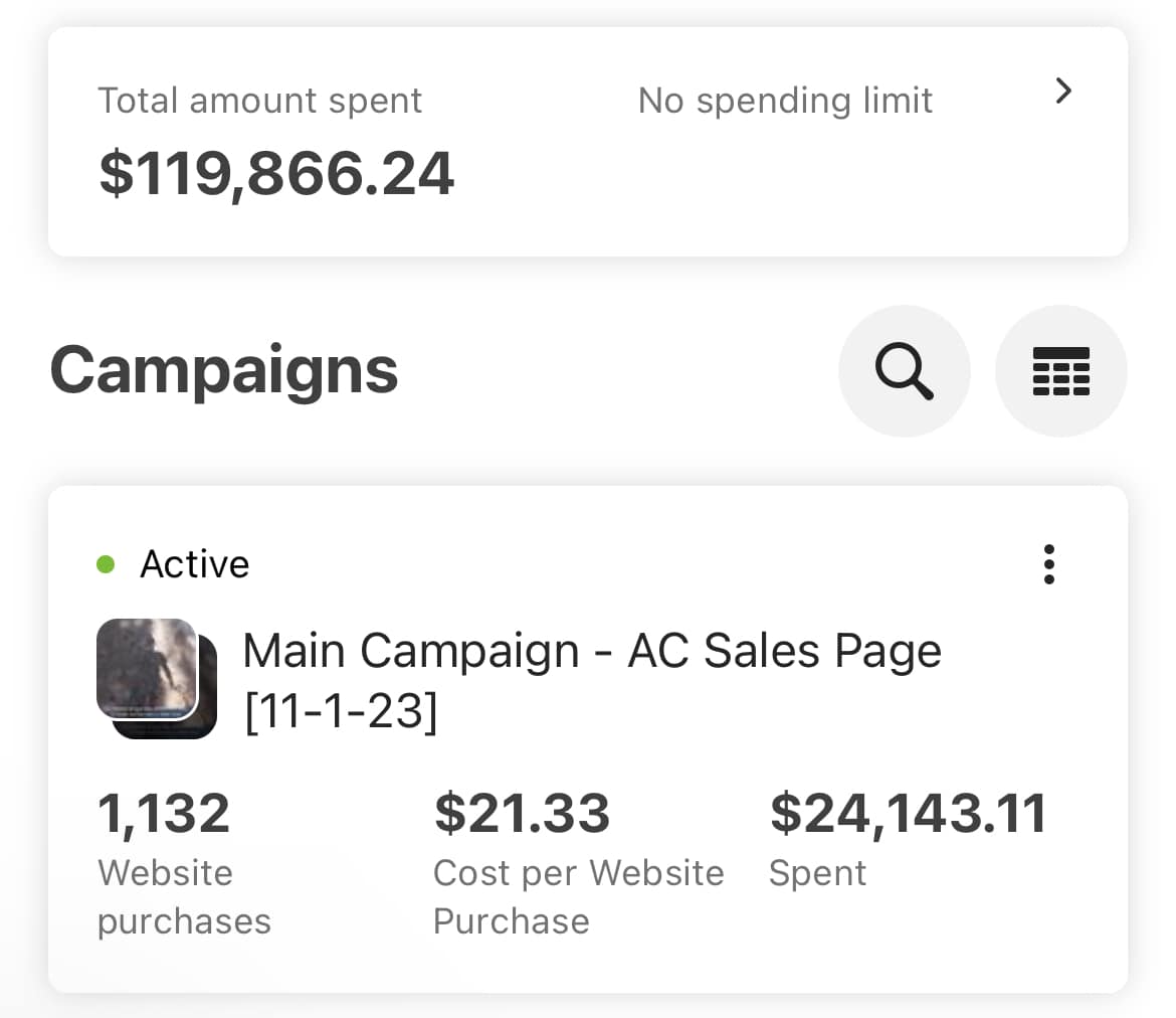 FB Ads Account — $119,866 Total Spent, 1,132 Purchases at $21.33 Each