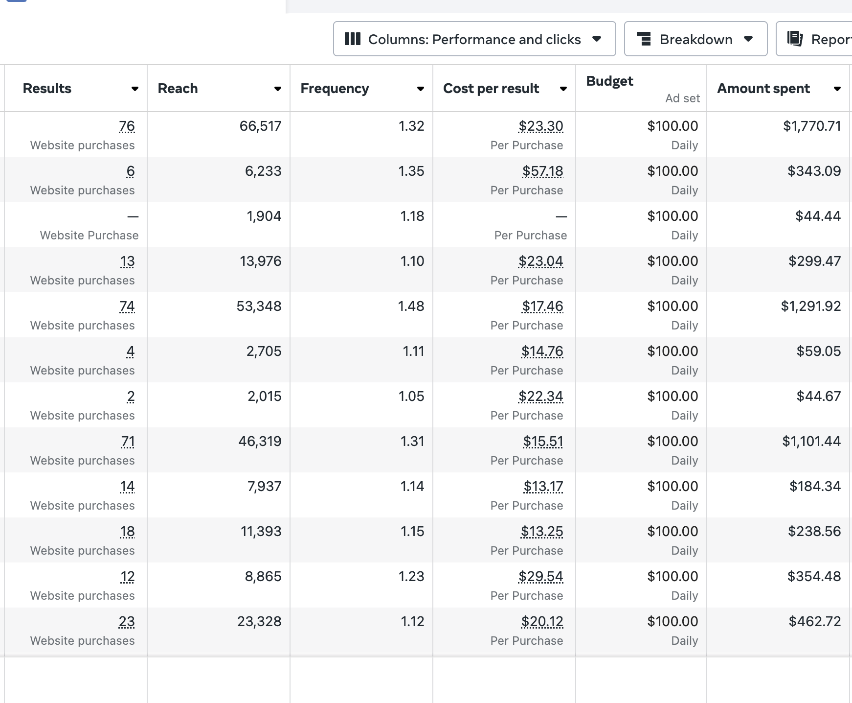 FB Ads Results Table — Budgeted Ad Sets Performance