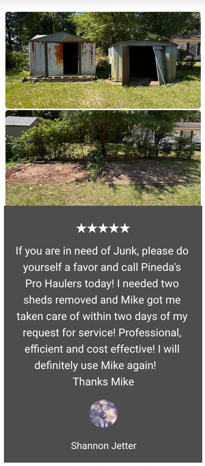 Shed removal customer review and before-after graphic