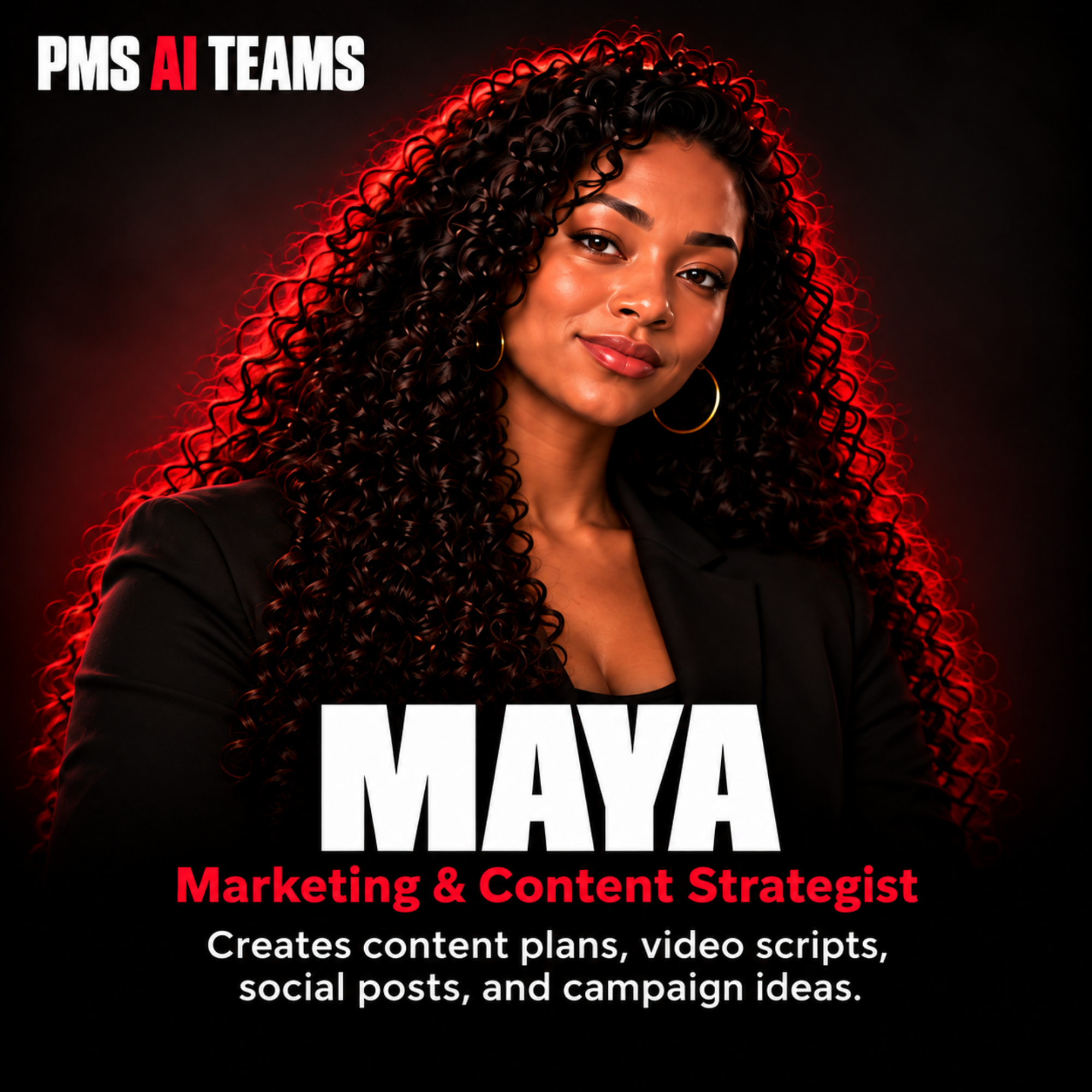 Maya, Marketing & Content Strategist. PMS AI agent profile card.