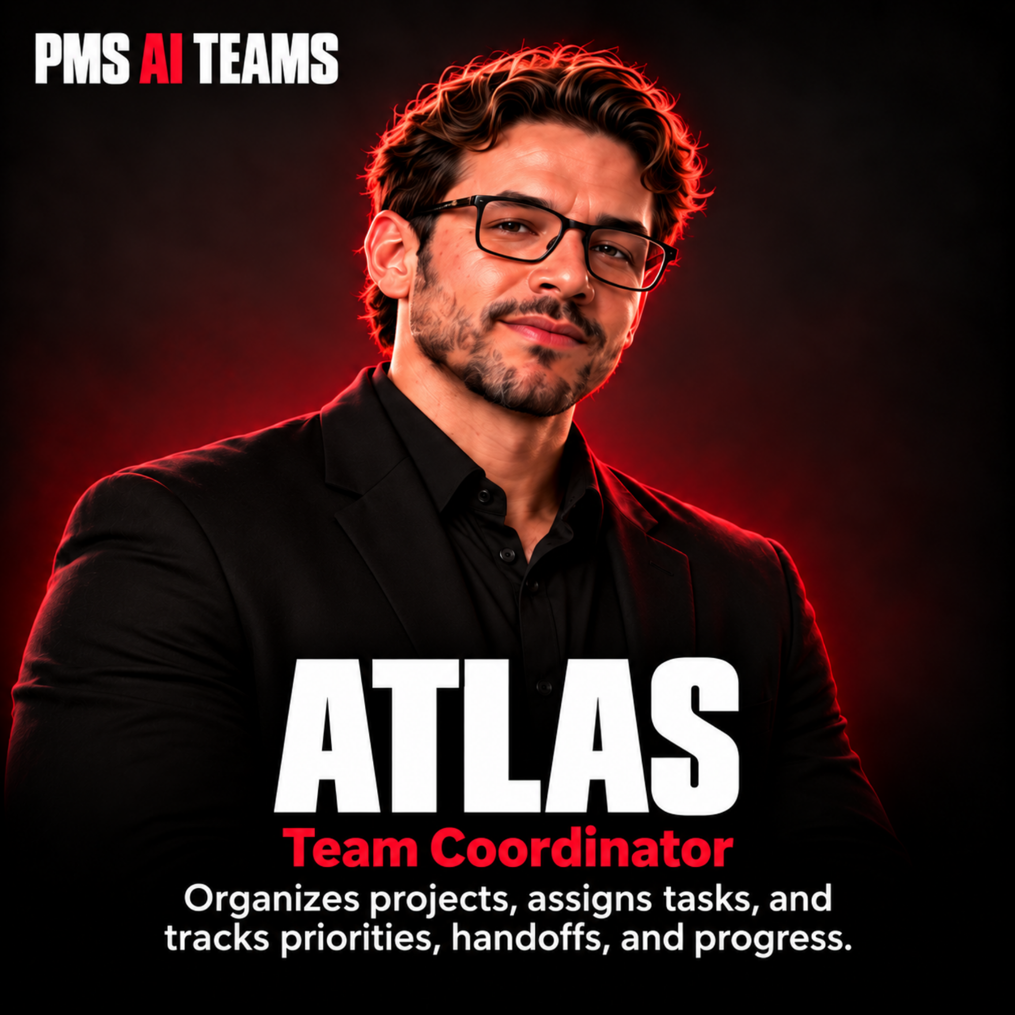 Atlas, Team Coordinator. PMS AI agent profile card.