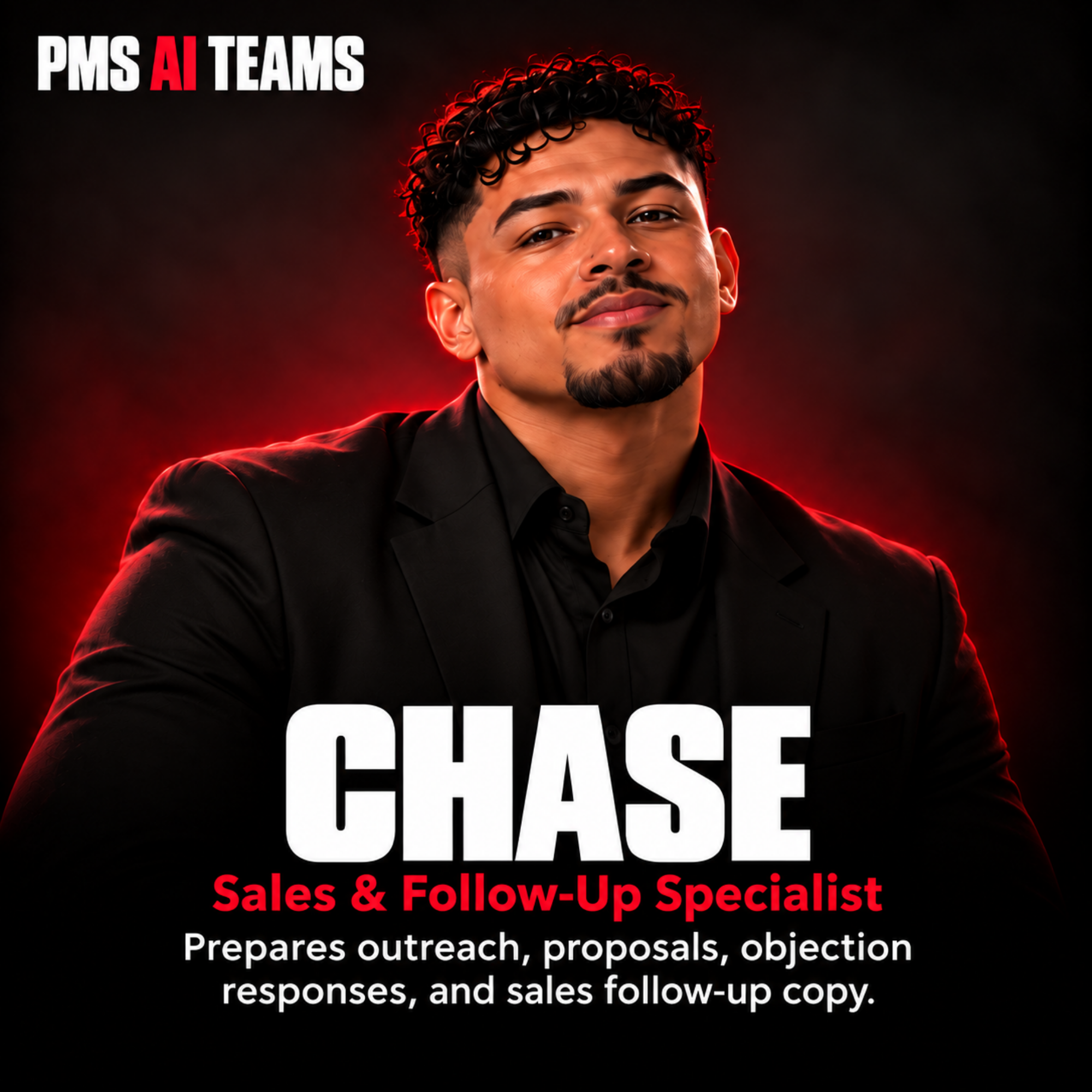 Chase, Sales & Follow-Up Specialist. PMS AI agent profile card.