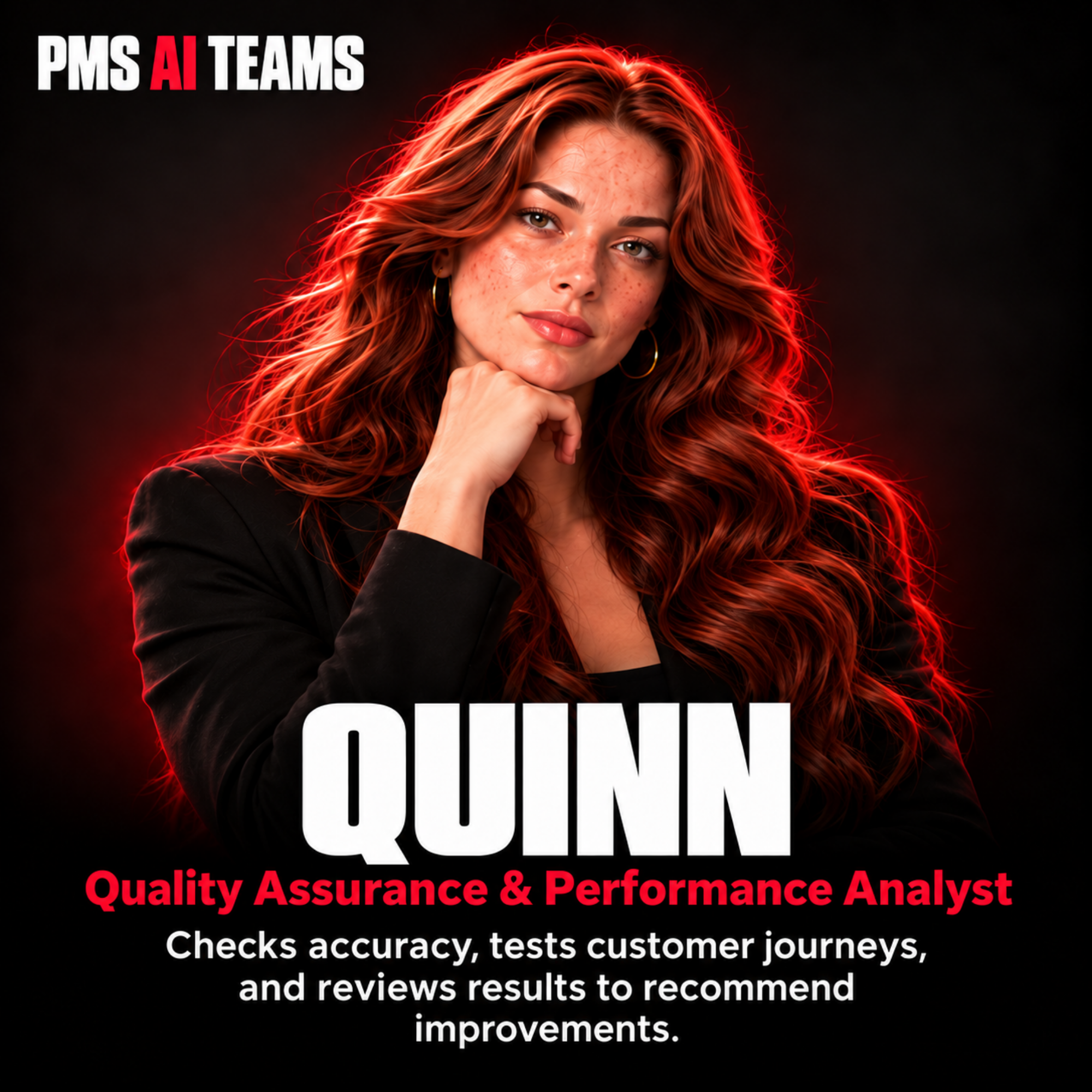 Quinn, Quality Assurance & Performance Analyst. PMS AI agent profile card.