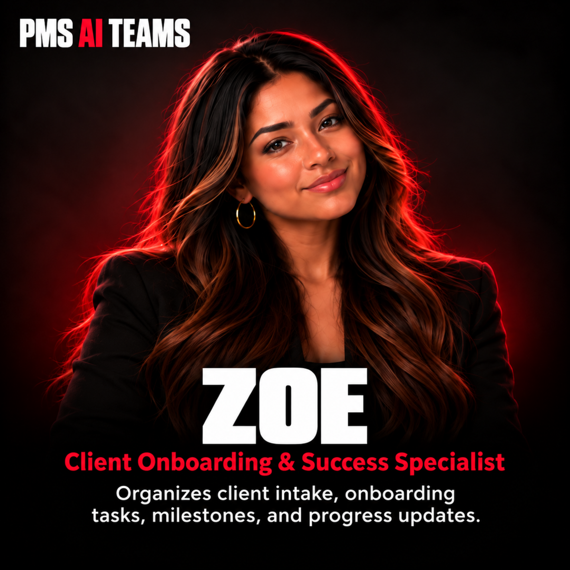 Zoe, Client Onboarding & Success Specialist. PMS AI agent profile card.