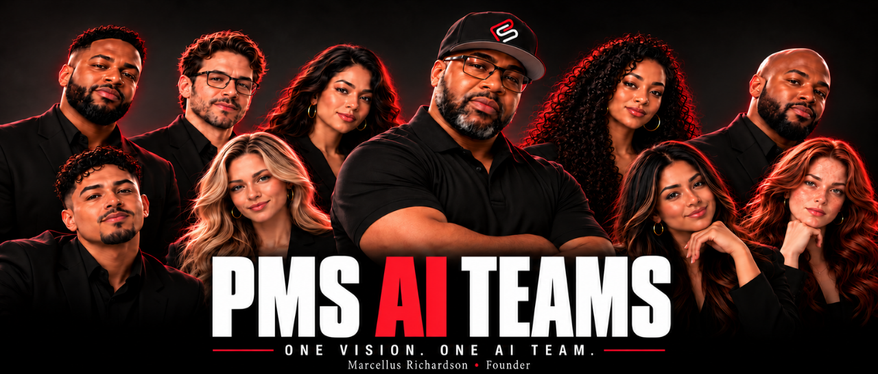 PMS AI Teams. One Vision. One AI Team. The nine PMS AI agent characters, with founder credit to Marcellus Richardson.
