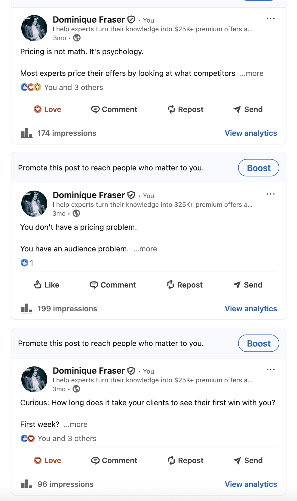 LinkedIn post impressions without an active Dripify campaign: 174, 199, and 96 impressions