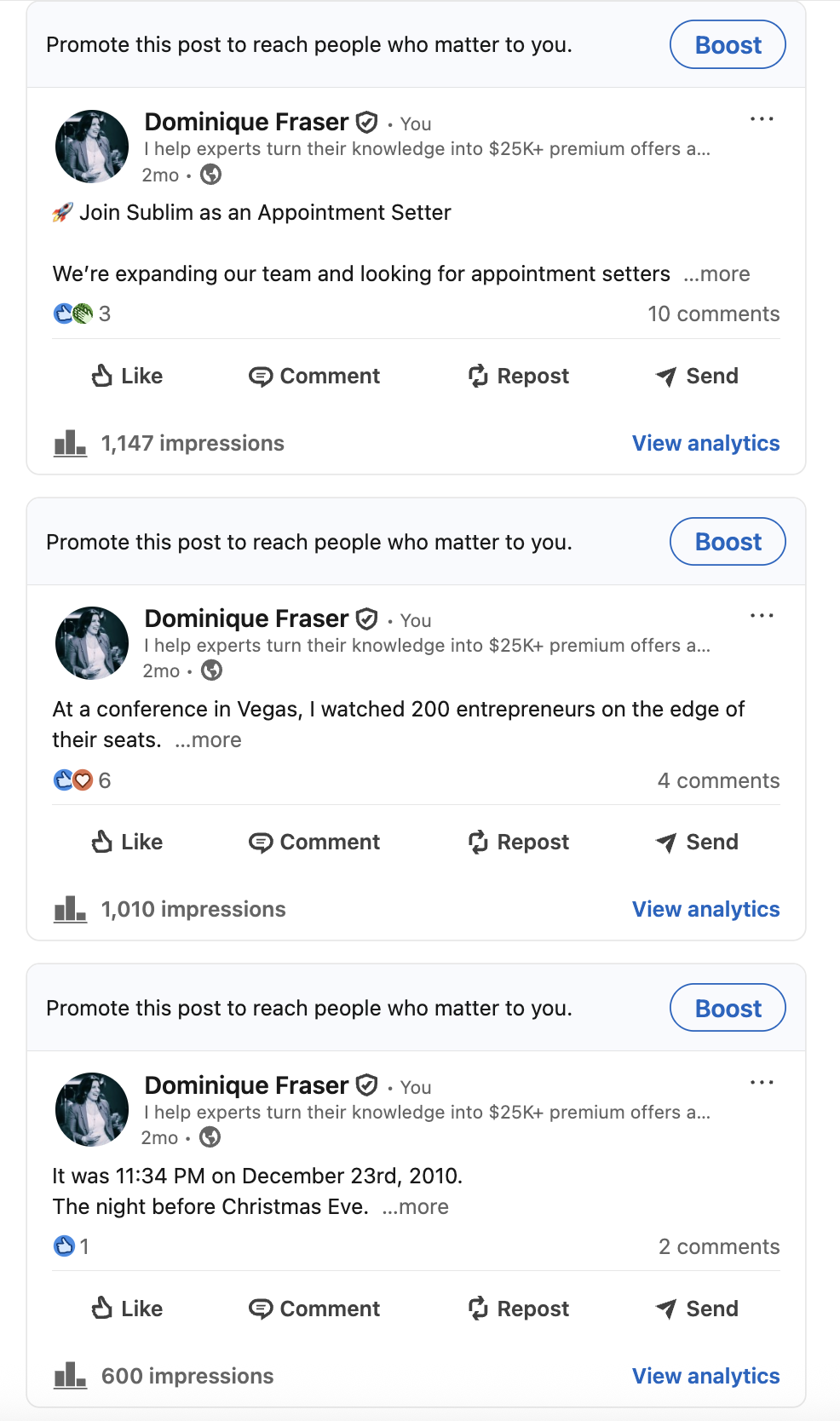 LinkedIn post impressions with an active Dripify campaign: 1147, 1010, and 600 impressions