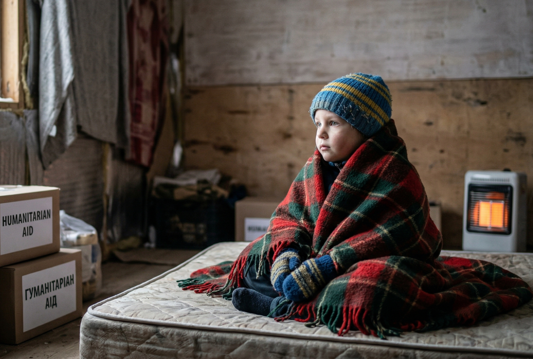 A child wrapped in a blanket beside humanitarian aid supplies