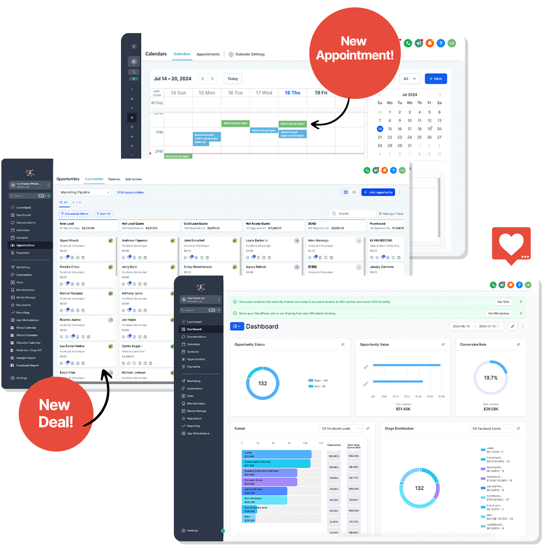 Dynamic display of a comprehensive business management software interface, showing various modules such as calendar with new appointments highlighted, CRM opportunities dashboard, sales pipeline, and performance metrics. The interface includes visual cues like 'New Appointment!' and 'New Deal!' icons, illustrating user-friendly features for efficient business operations and real-time updates.