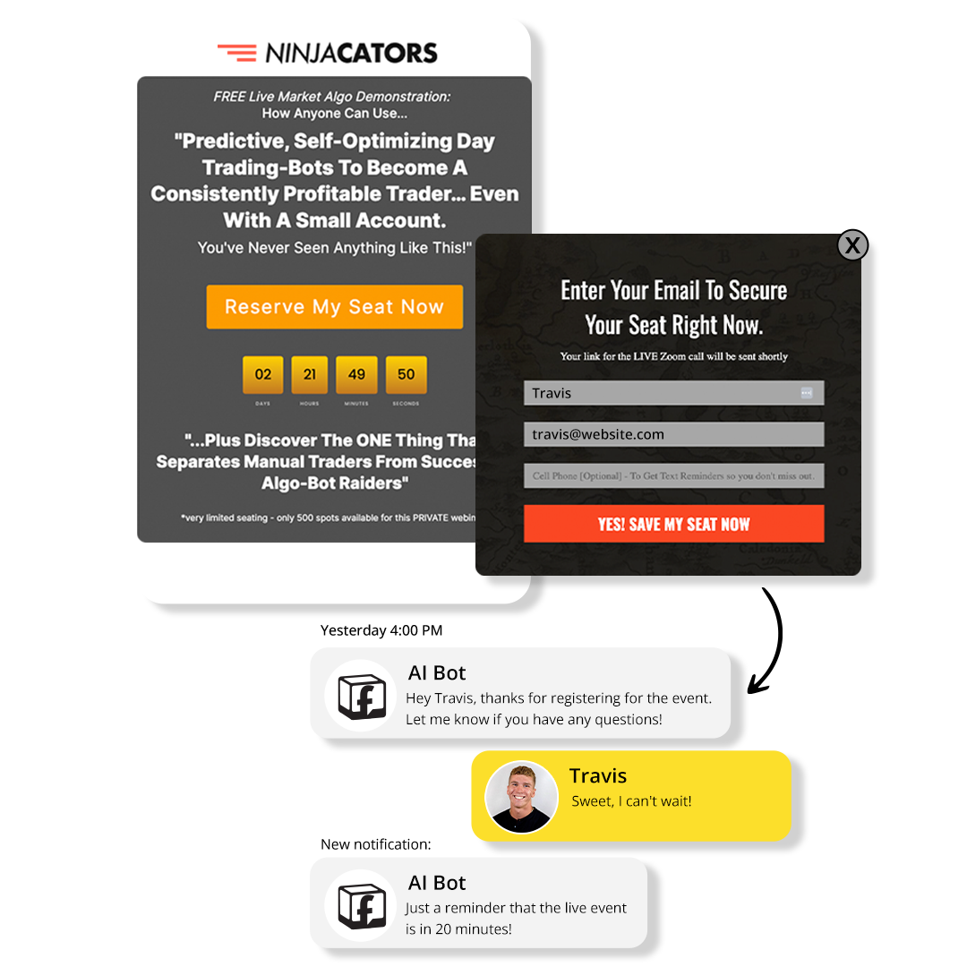 Interactive promotional materials for Ninjacators featuring multiple components. One section advertises a free live market algorithm demonstration highlighting predictive, self-optimizing day trading bots. Another segment includes a signup form for a live event with a countdown timer. Lastly, a conversation between an AI Bot and a user named Travis shows excitement and a reminder for the upcoming event, illustrating a comprehensive digital marketing approach to user engagement and event promotion.