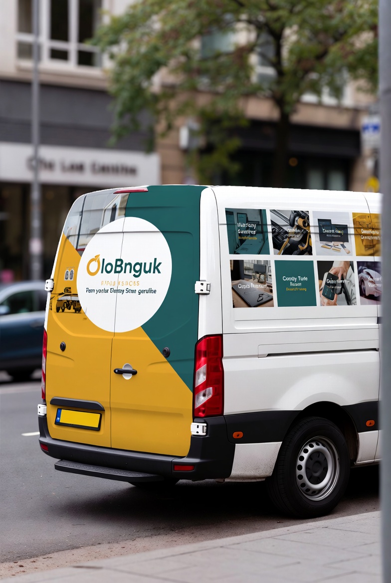 Advertising vehicle wrap on a white and yellow van with professional branding for a local business Advertising vehicle wrap on a white and yellow van with professional branding for a local business