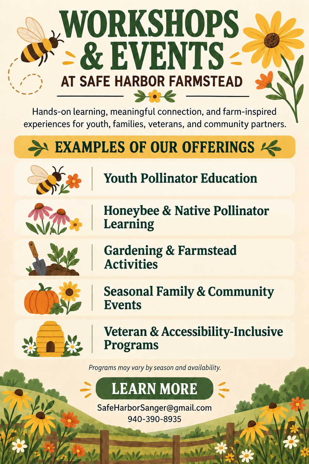 Programs and offerings at Safe Harbor Farmstead