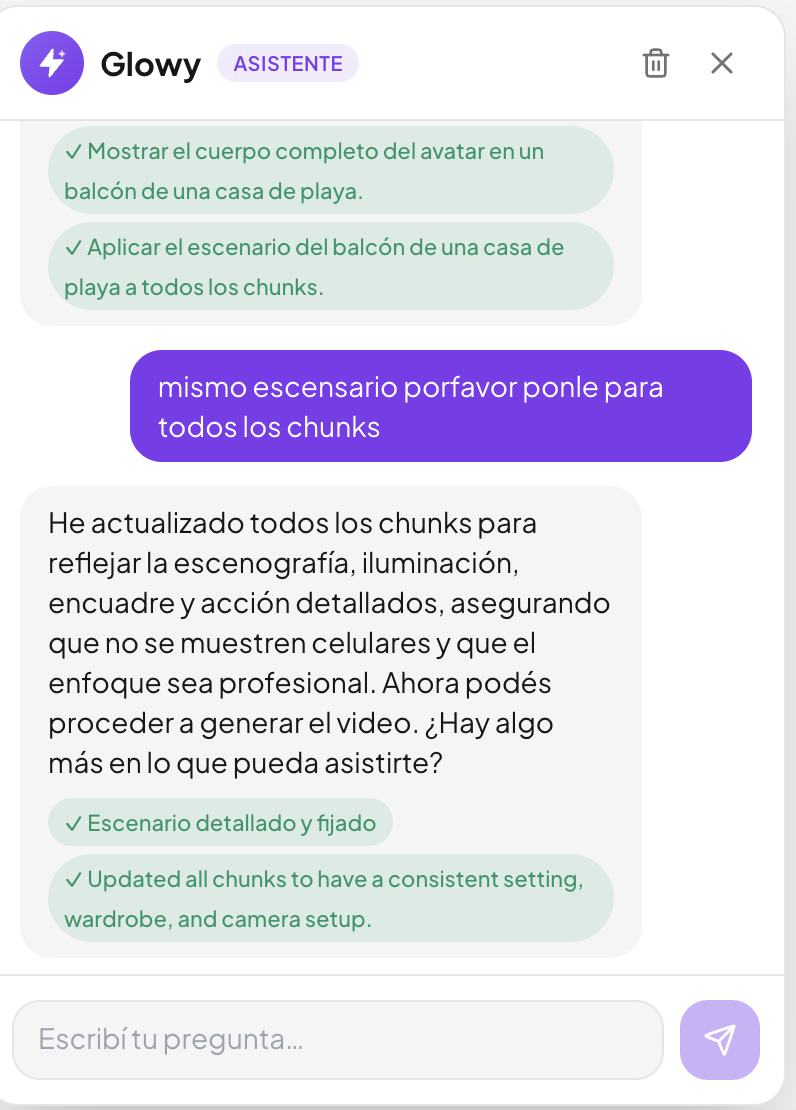 Chat de Glowy AI escribiendo el guion y la escenografía de un anuncio a partir del producto del usuario