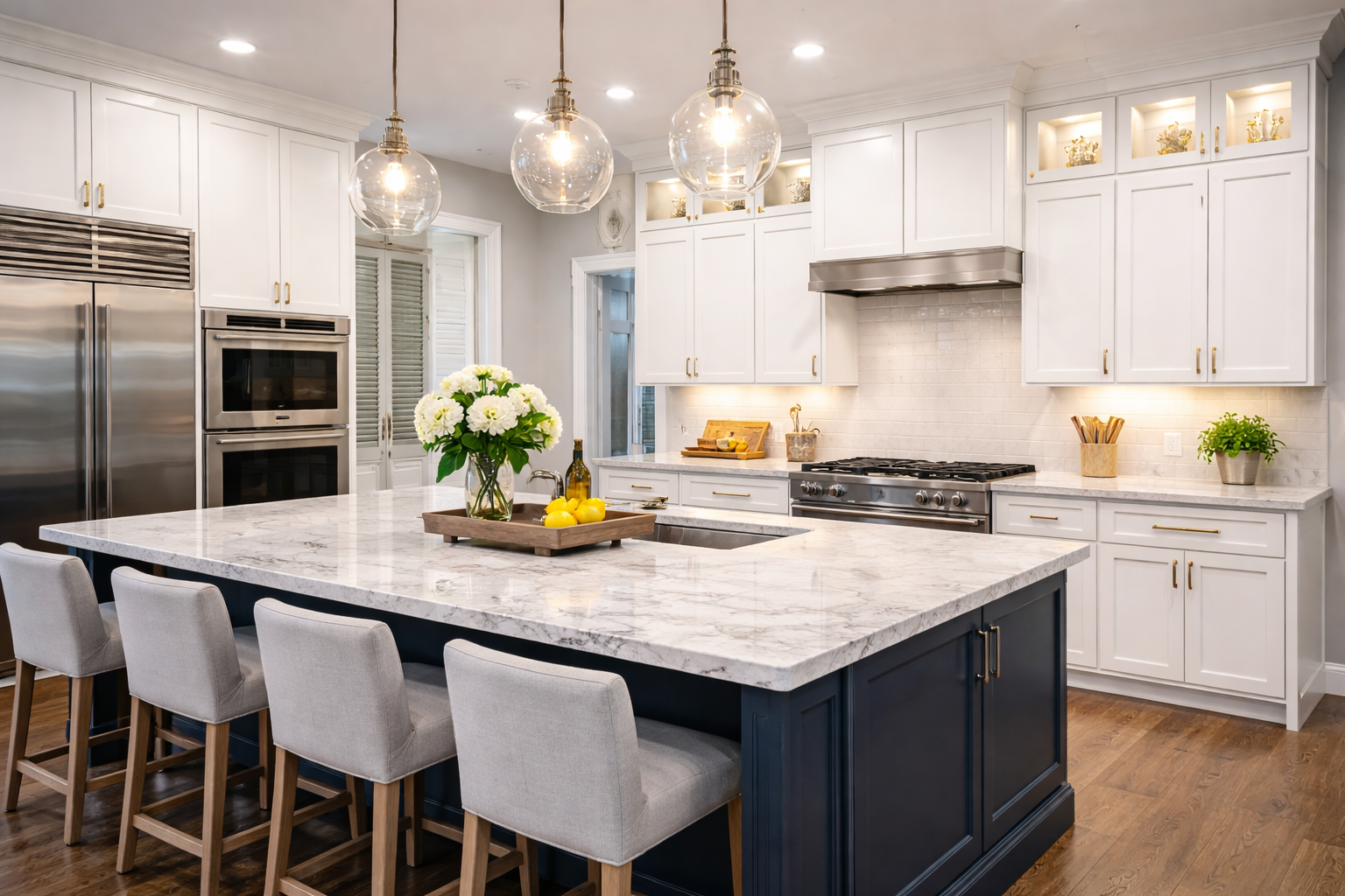 Luxury white kitchen featuring a marble waterfall island, pendant lighting, custom cabinetry, and elegant finishes.