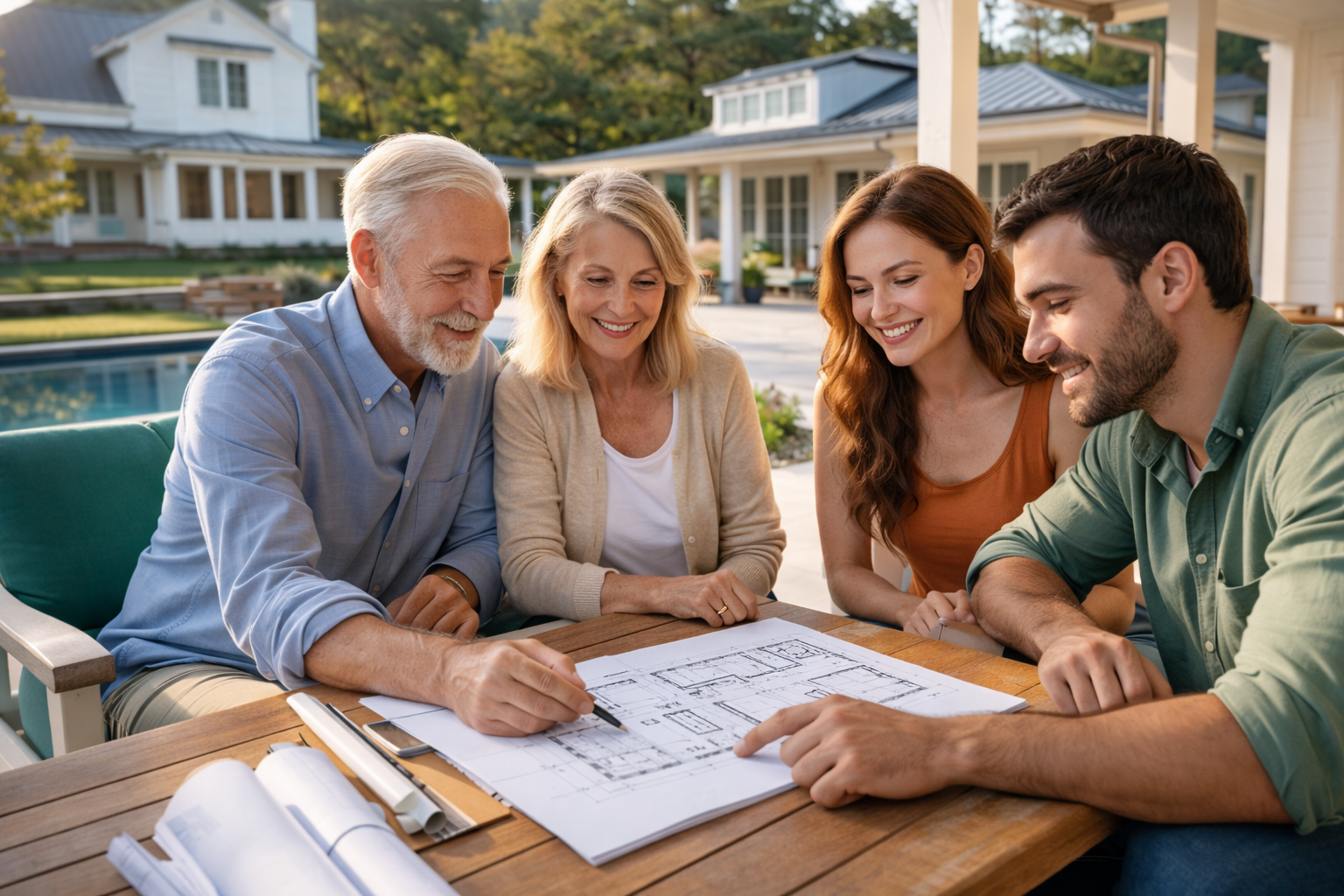 Family reviewing home purchase documents with a real estate professional during the home buying and closing process.