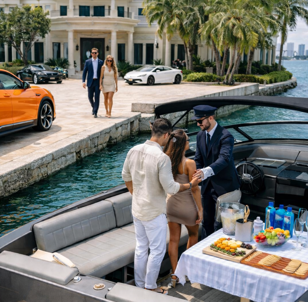 Luxury waterfront pickup with chauffeur service at Miami mansion