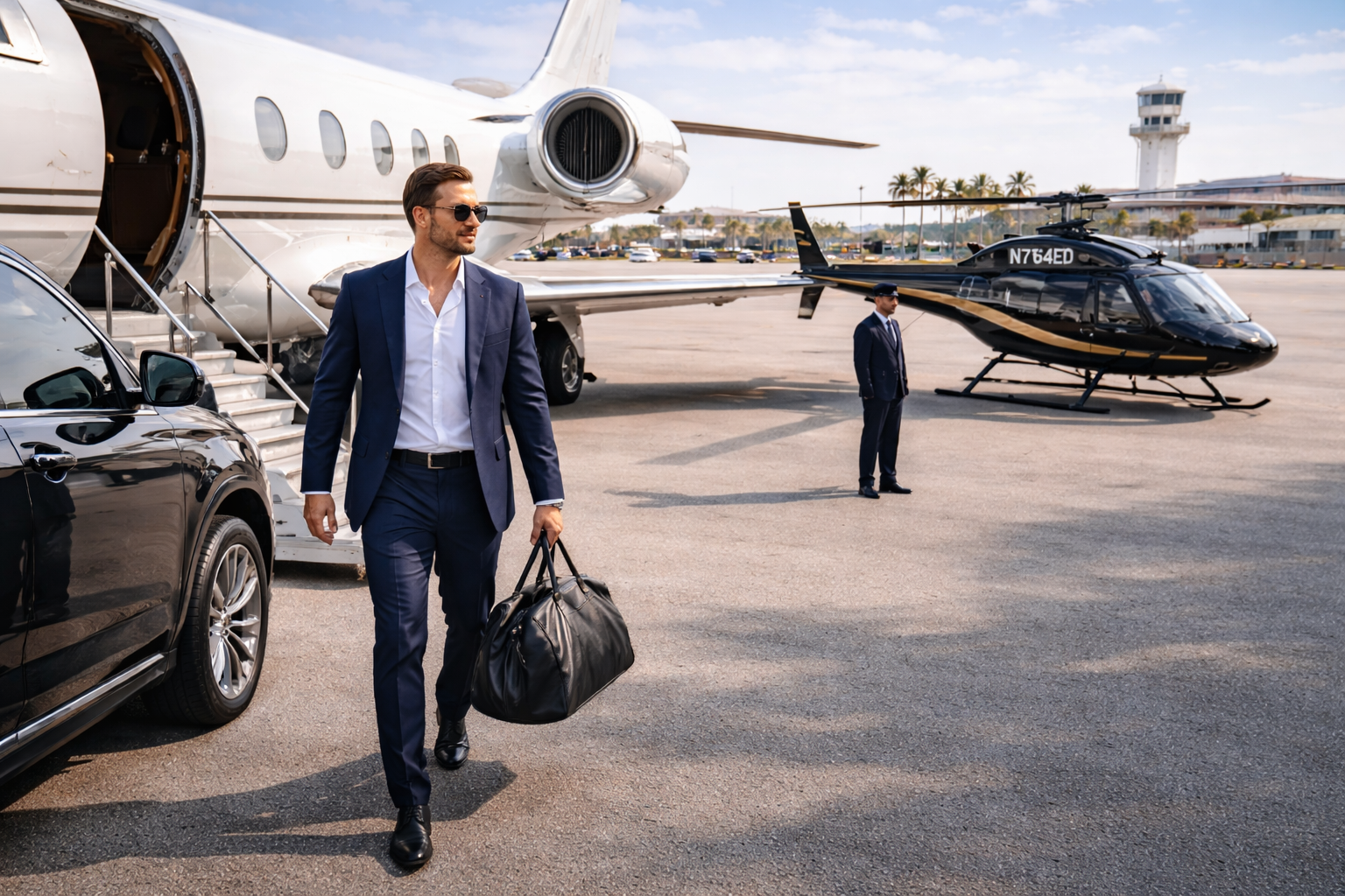 Private jet arrival with helicopter transfer for VIP travel in Miami
