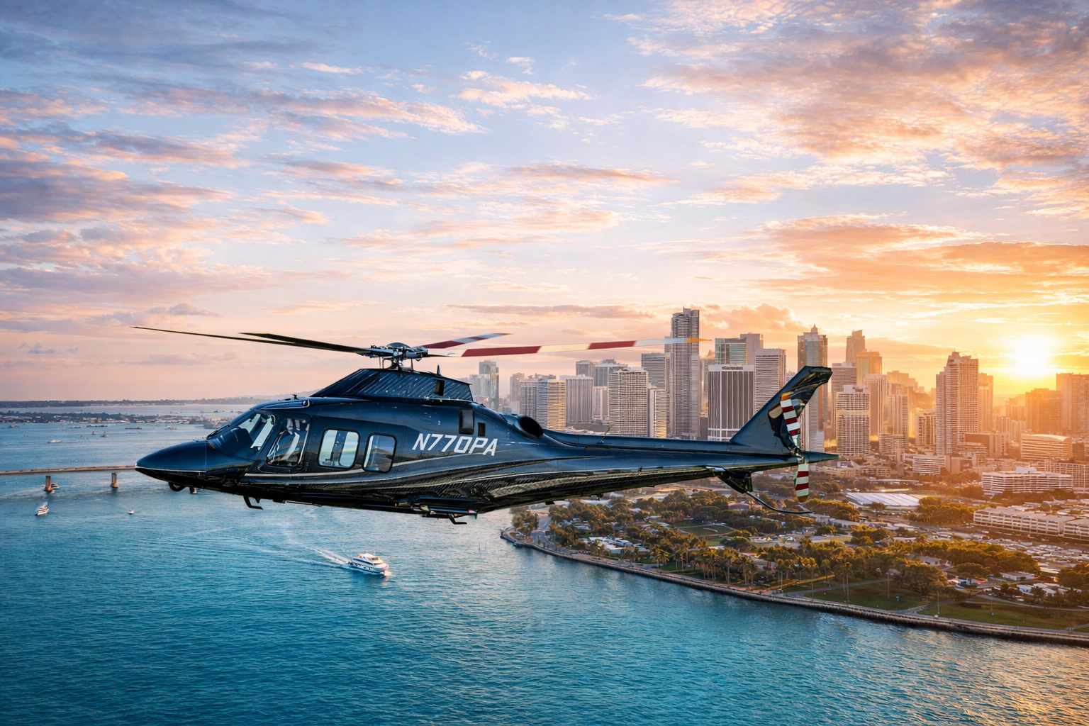 Agusta AW109 helicopter flying above the Miami skyline
