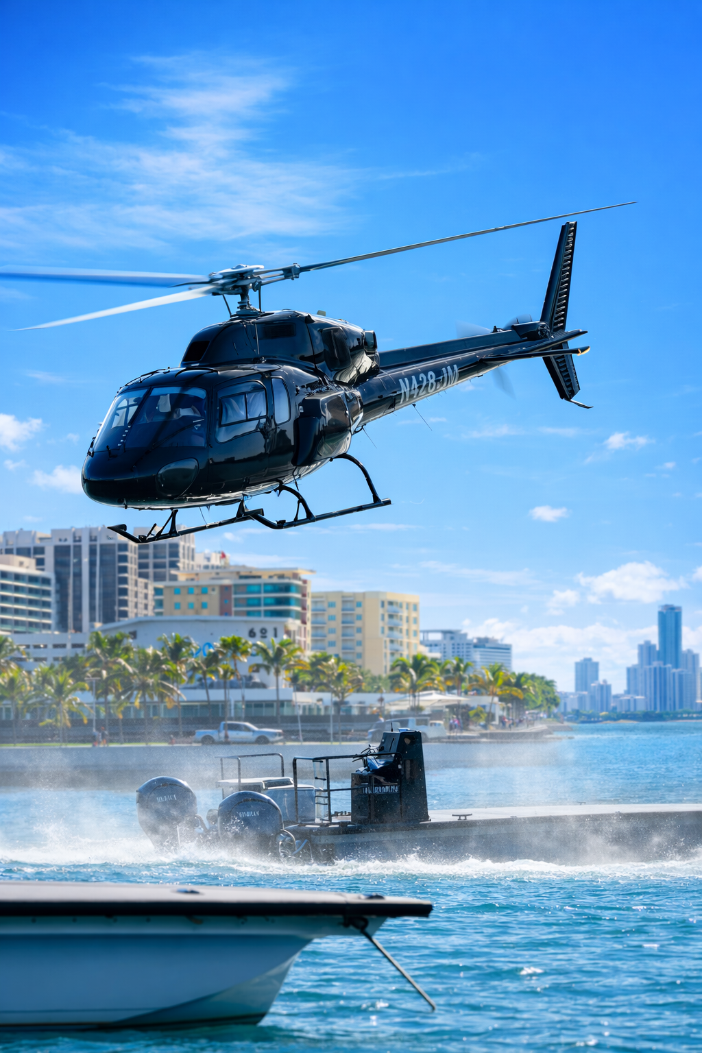 Private helicopter landing on water platform in Miami
