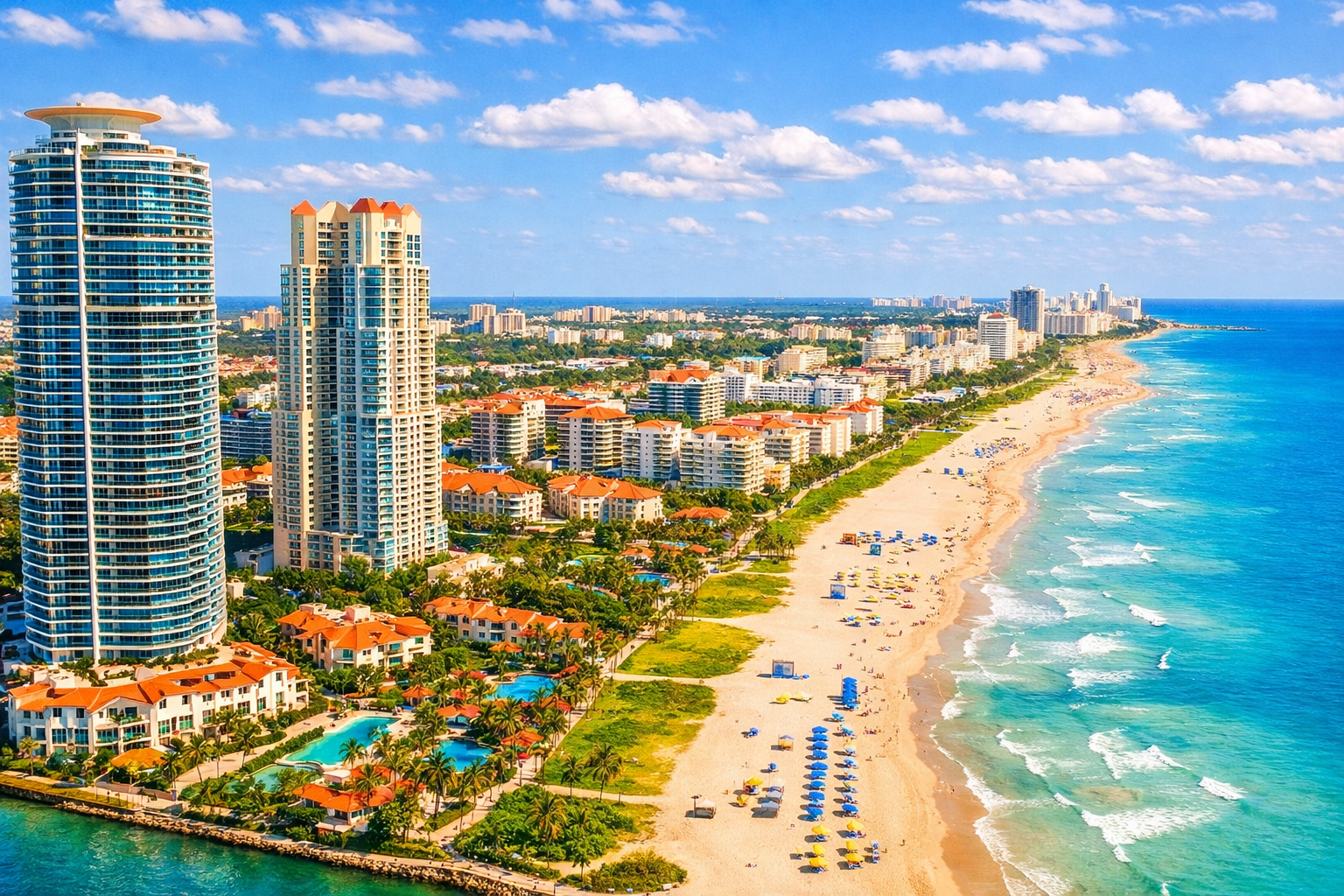 Miami Beach oceanfront condos and skyline aerial view