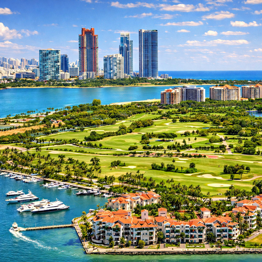 Aerial view of luxury waterfront homes and golf course in Miami