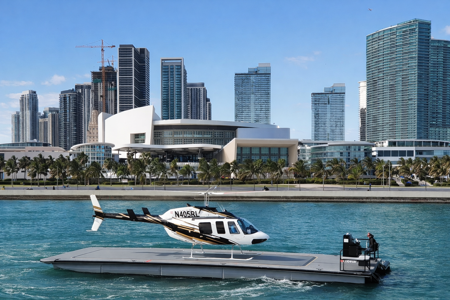 Bell 206-L3 helicopter on an ILandMiami marine landing platform