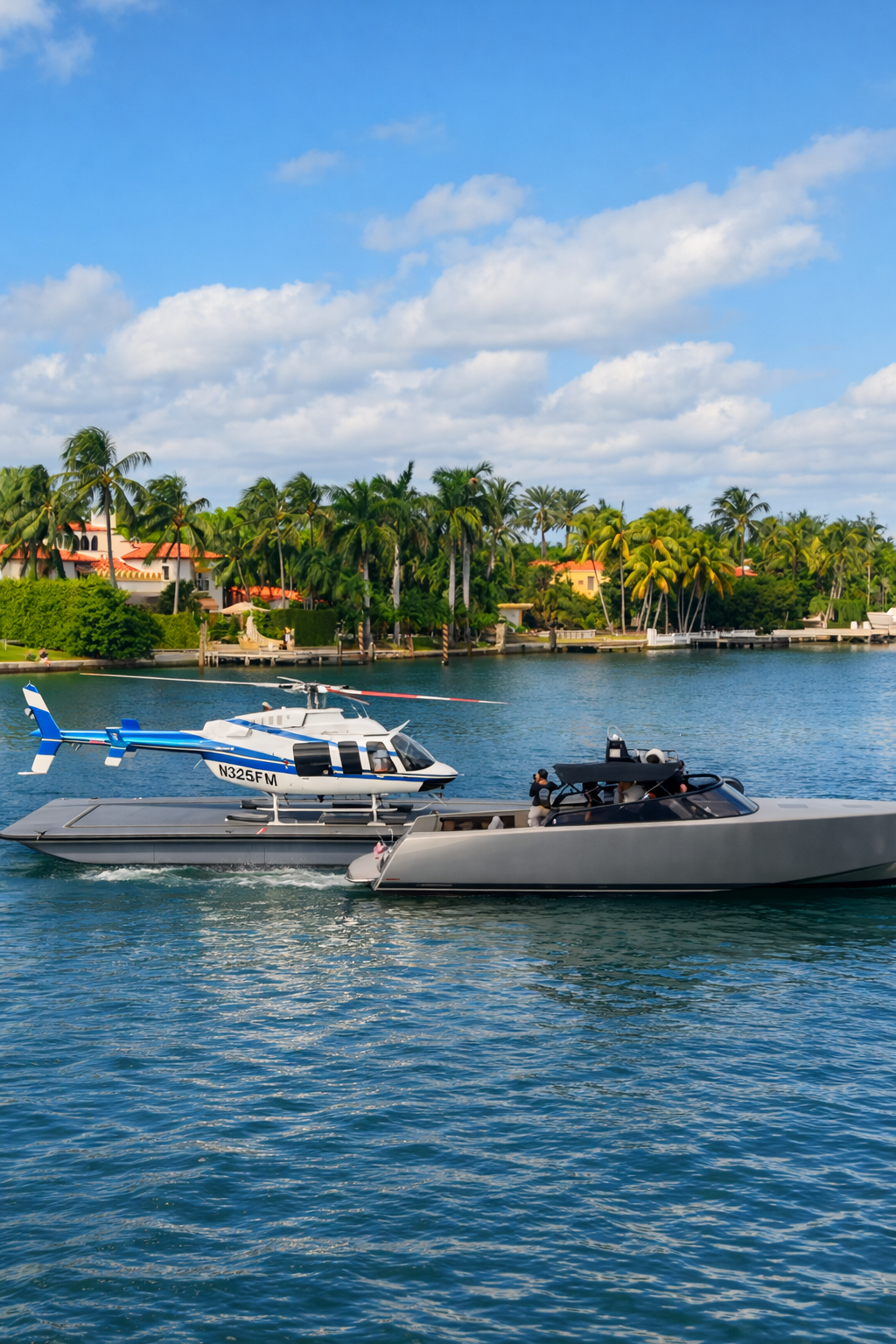 Bell 407 helicopter beside an ILandMiami yacht on Biscayne Bay
