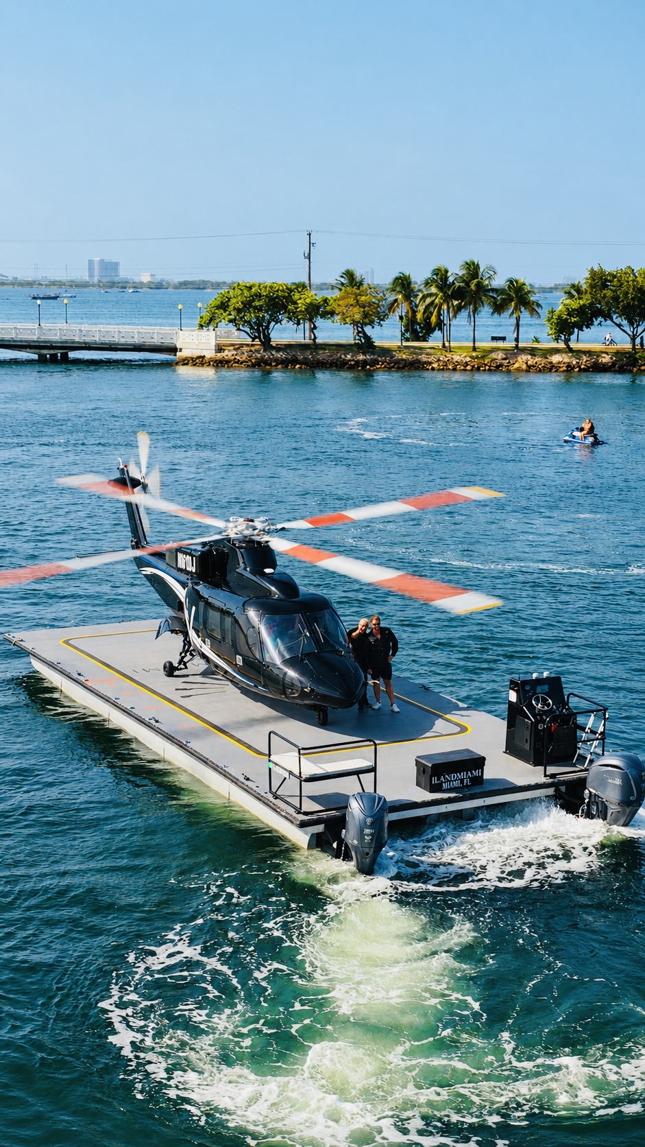 Helicopter landing on a floating water helipad in Miami
