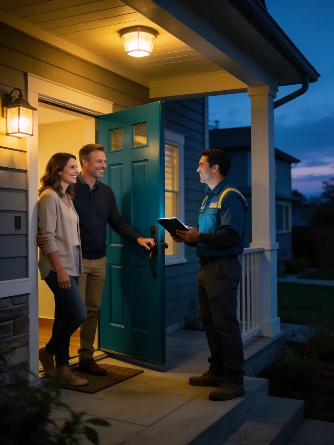 Homeowners greeting a contractor at their front door