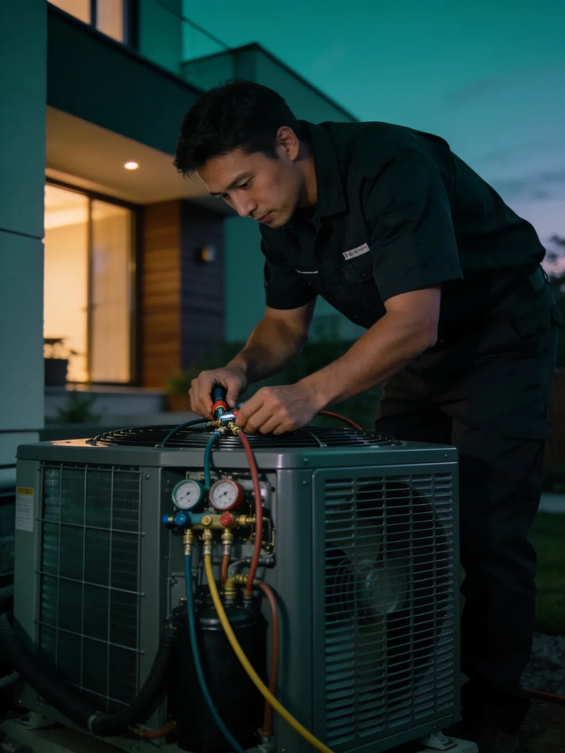 An HVAC technician servicing a condenser unit