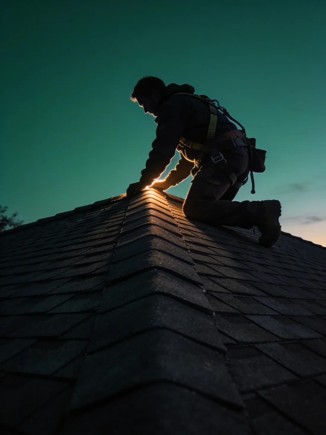 A roofer inspecting a ridge line at dusk