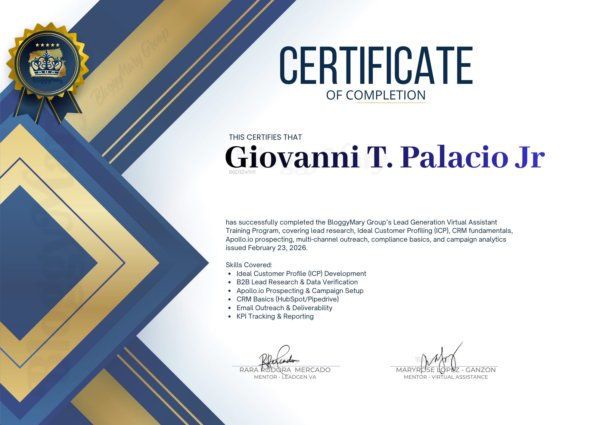 BloggyMary Group Lead Generation Virtual Assistant certificate awarded to Giovanni T. Palacio Jr