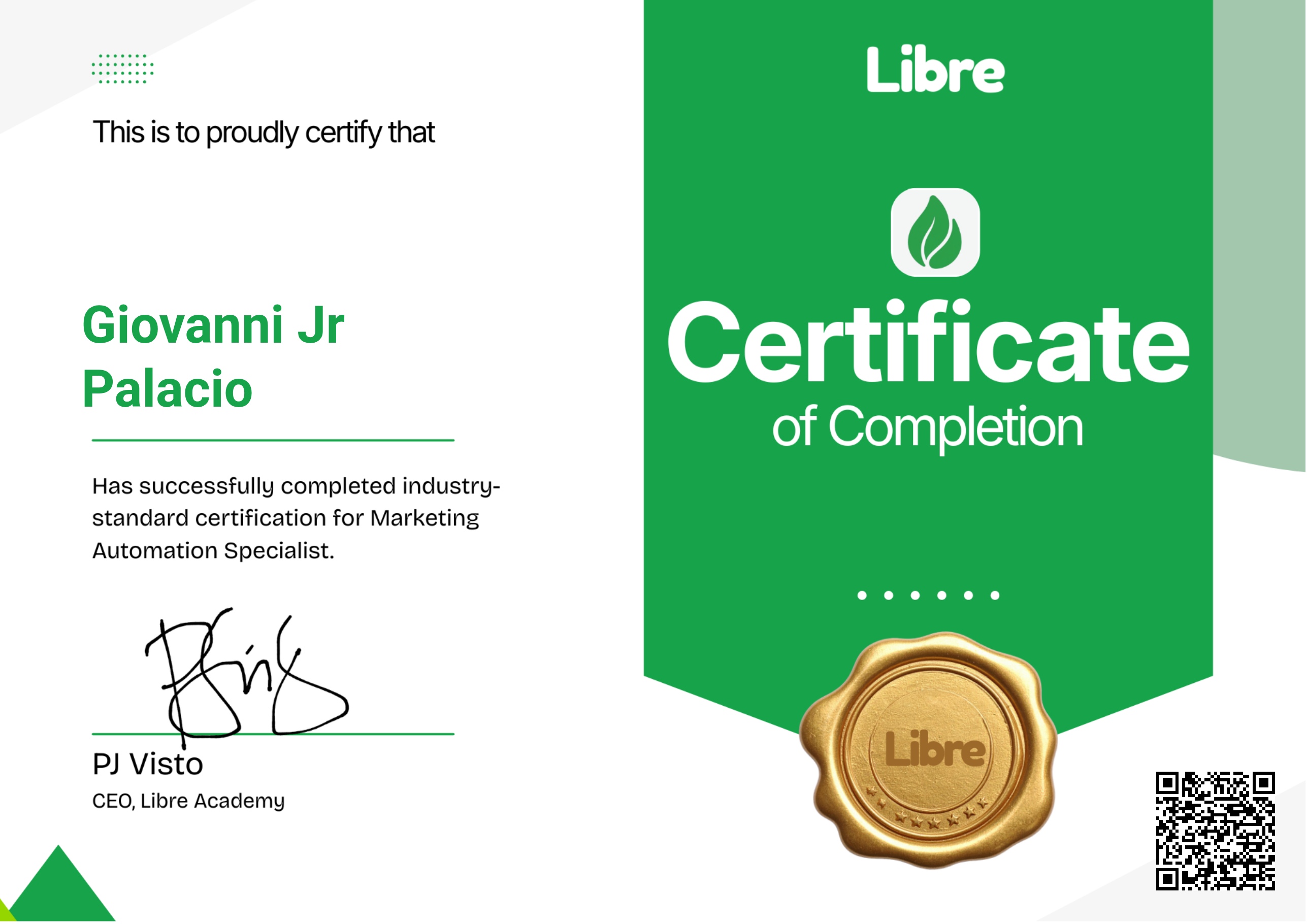 Libre Academy Marketing Automation Specialist certificate awarded to Gio Palacio