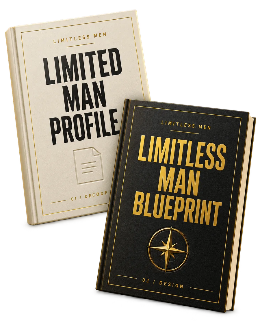 Illustration of your personalized Limited Man Profile and Limitless Man Blueprint, shown as cream and gold-on-black document covers.