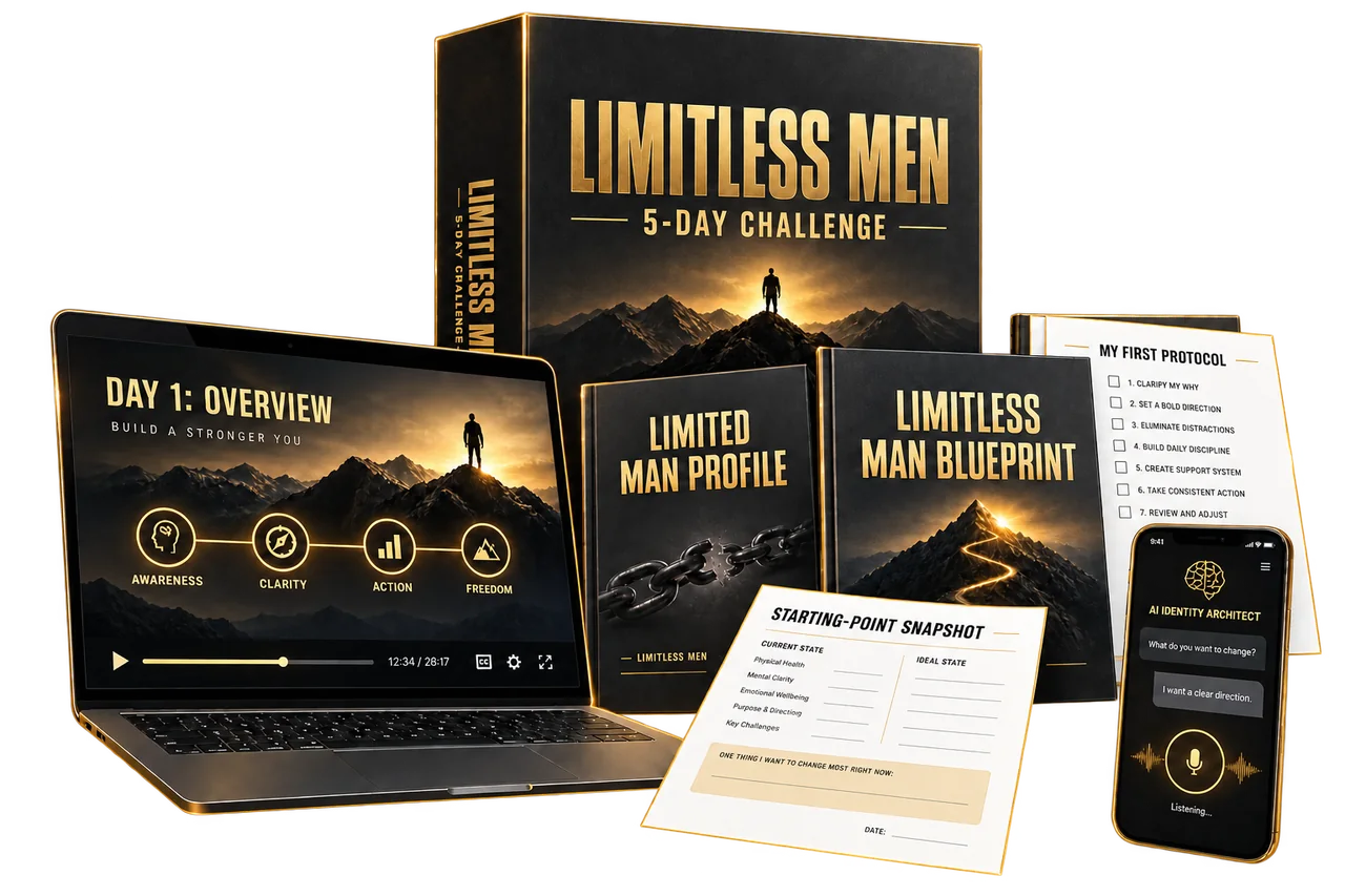 Illustration of the 5-Day Challenge digital bundle: Overview training, Limited Man Profile, Limitless Man Blueprint, Starting-Point Snapshot, first protocol and AI Identity Architect.