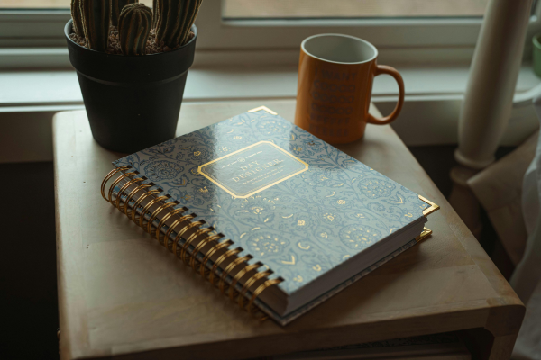 closed spiral-bound notebook with a blue and gold patterned cover on a wooden table by a window, beside an orange mug and a small potted cactus. closed spiral-bound notebook with a blue and gold patterned cover on a wooden table by a window, beside an orange mug and a small potted cactus.