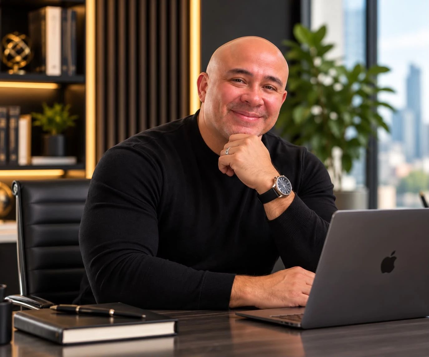 Hector Alvarado at his desk, chin resting on his hand
