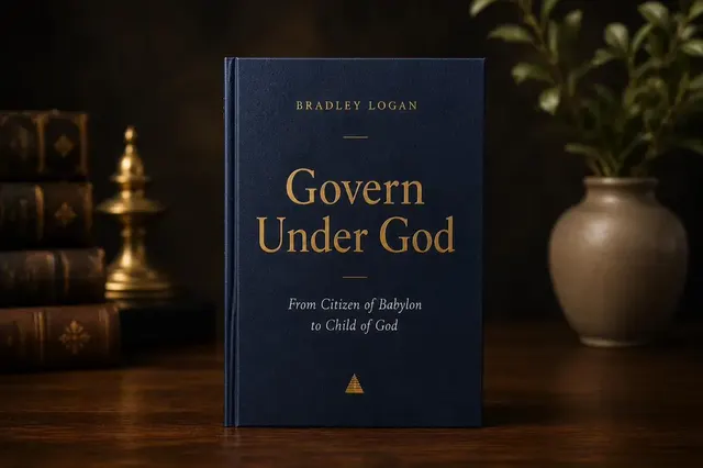 Govern Under God by Bradley Logan, a navy hardcover standing on a wooden desk beside a brass lamp and old books