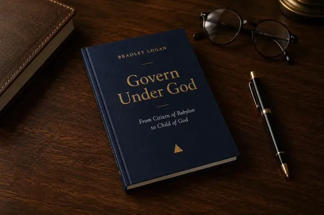 Govern Under God by Bradley Logan, a navy hardcover on a wooden desk beside reading glasses and a pen