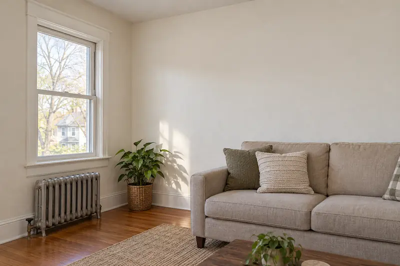 Freshly painted living room with warm white walls, crisp white window trim, and a cast iron radiator