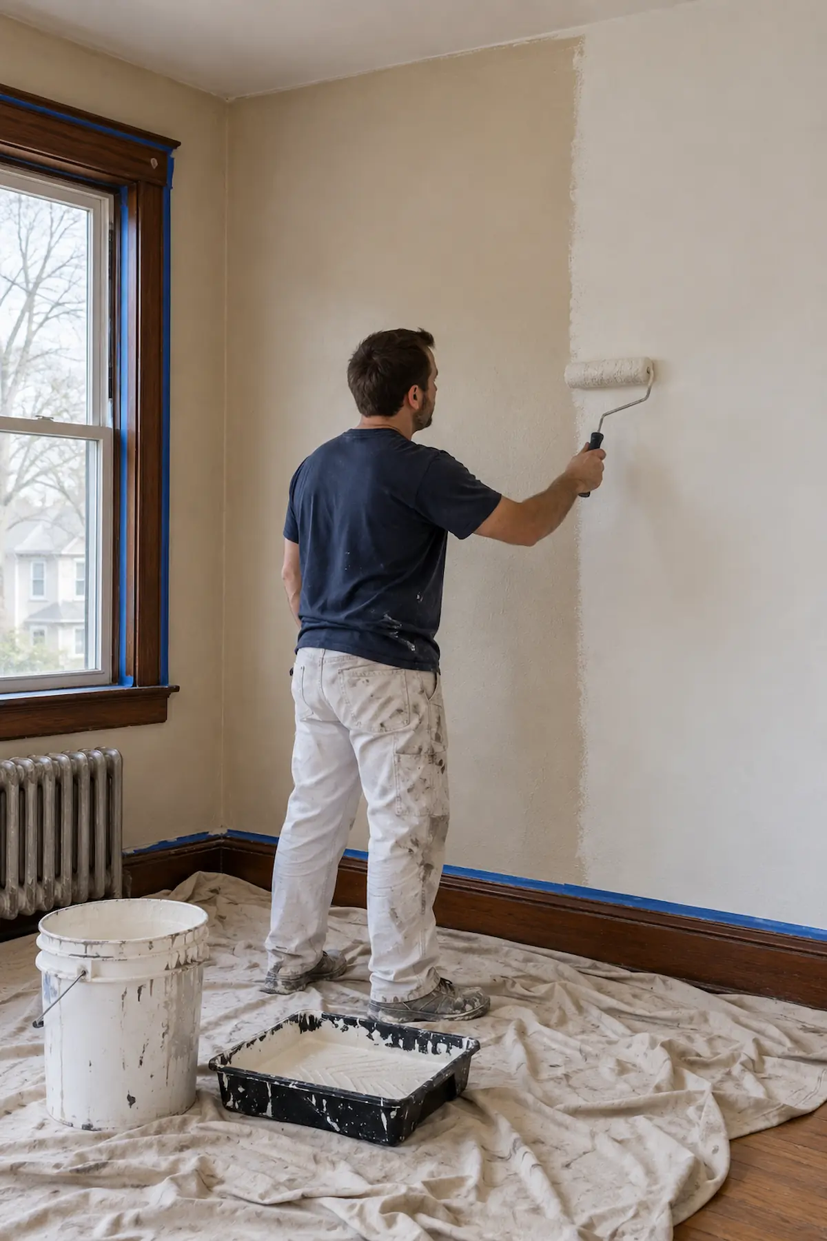 Painter rolling warm white paint over an old beige plaster wall, with stained wood trim taped off and drop cloths down, in an older Ohio home