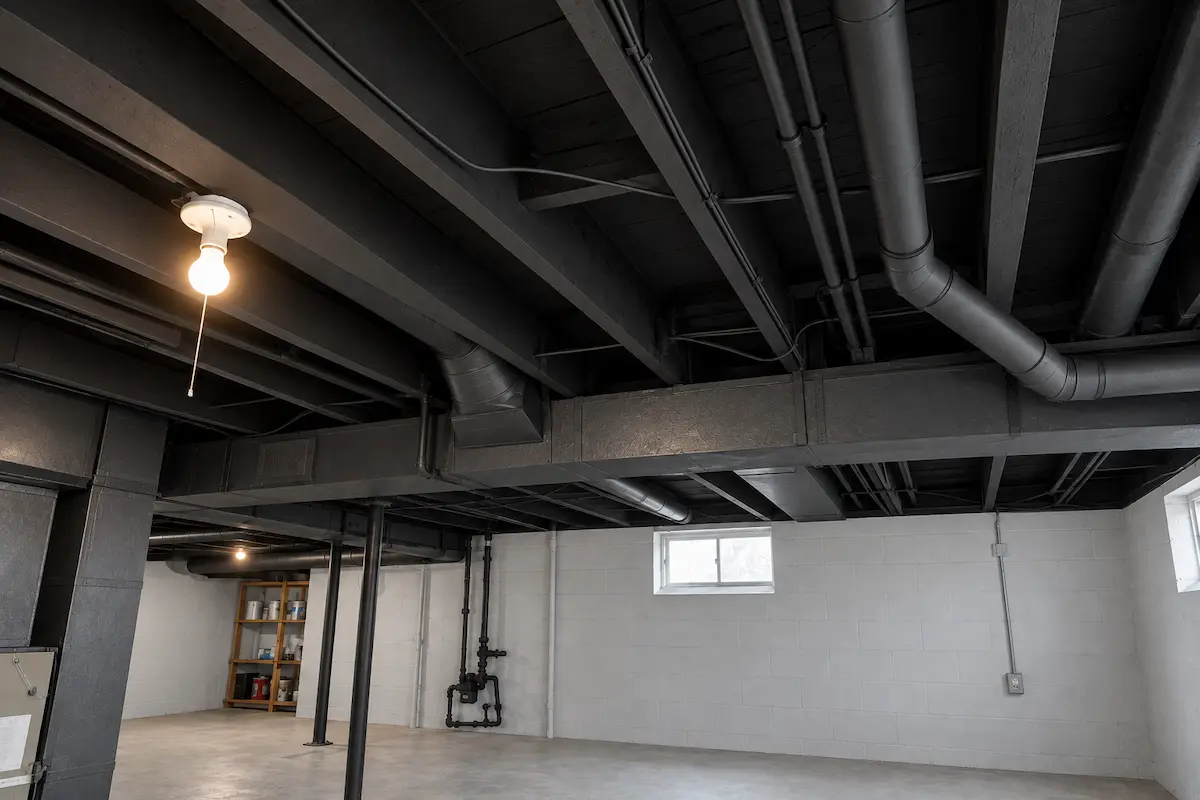 The same basement ceiling sprayed one uniform matte black, with the light fixture left unpainted